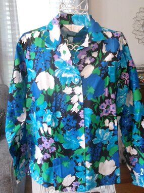 Vintage Carol Brent Shirt Womens M Size 36 Blue Floral Button Up Collared Blouse